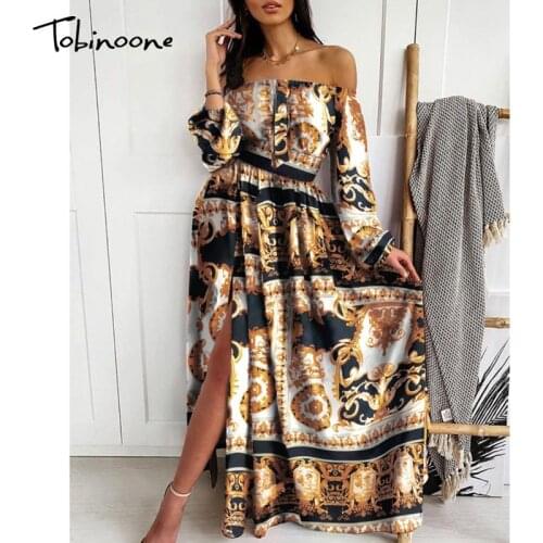 Tobinoone Boho floral print women dress Off shoulder ruffled high waist summer dress Casual holiday high slit cotton maxi dress