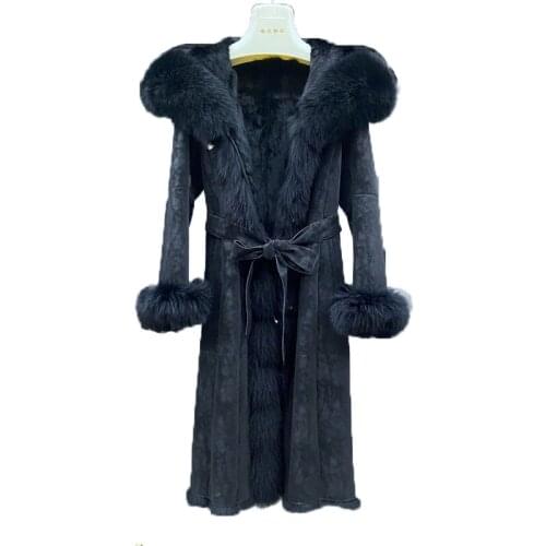 Elegant Fashion Women Winter Coats Genuine Rabbit Skin Leather And Fur Coat With Big Fox Fur Collar Hood Trim Jacket