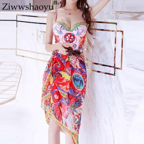 Ziwwshaoyu Vacation Beach Print Bodysuits Vintage Print Bodysuits + Scarf Summer new womens