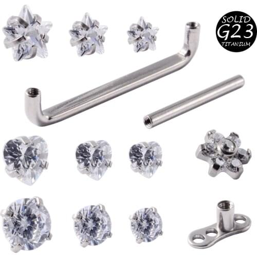 1PC G23 Titanium&Clear Zircon Heart&Round&Star Shape Internally Thread Barbell Piercing Dermal Anchor Piercinng Jewelry 14G