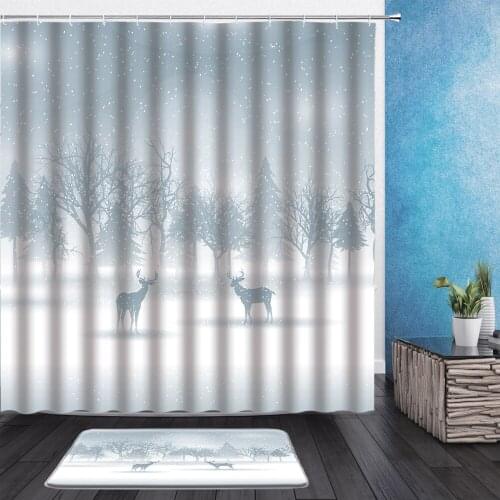 2pcs Winter Landscape Shower Curtains Set Cartoon Snowman Farm House Scenery Bathroom Hanging Fabric Curtain With Flannel Mat