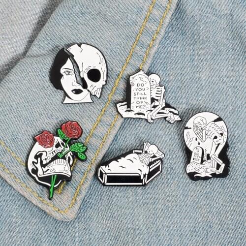 2019 Woman Skull Face Enamel dark Pin Rose Dead Lovers Coffin skeleton Badge Brooch Shirt Bag Punk Jewelry Gift for kids trinket