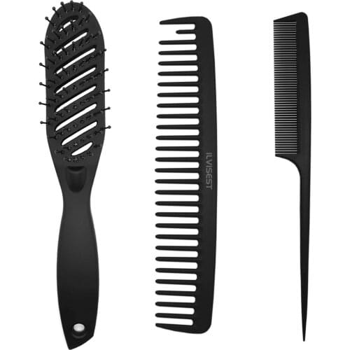 3 Pack Detangler Brush Set Curved Vent Hair Brush for Blow Drying, Wide Tooth Hair Comb for Wet Dry Hair, Rat Tail Comb,Black
