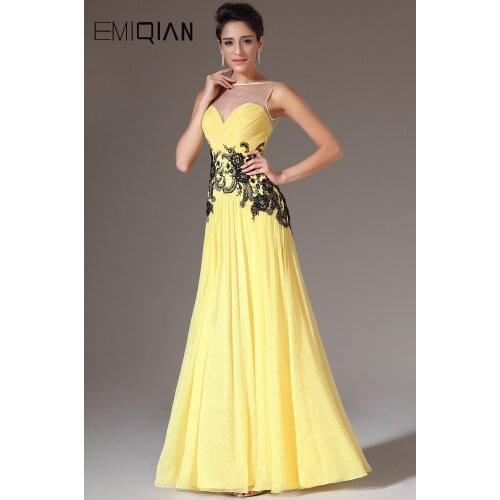 Freeshipping New Yellow Chiffon Sheer Top A-Line Illusion Sweetheart Neck Appliques Prom Dress