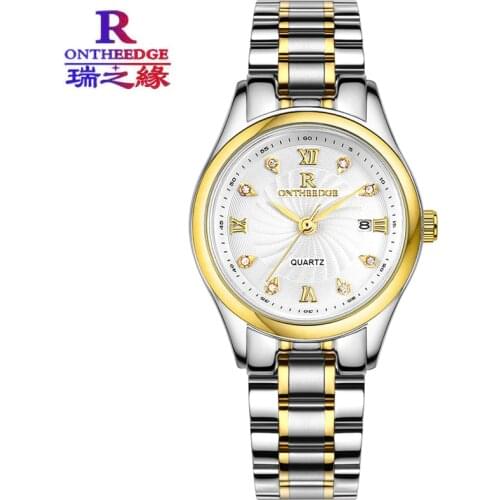 Ontheedge Stainless Steel Women Watch Date Function Gold Color Waterproof Bracelet Watch Dress Ladies Watch Hot Montre Femme