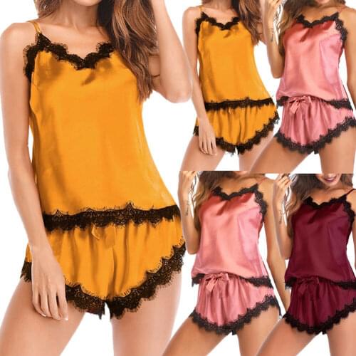Women Pajama Sets Ladies Satin Lace Underwear Sleepwear Babydoll Lingerie Nightdress Pajamas Suit Sets