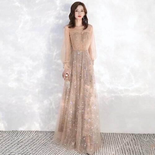 Robe De Soiree 2020 Elegant O-neck Formal Evening Dresses Bling Bling Sequins Banquet Prom Gown Long Sleeve Plus Size Host Dress