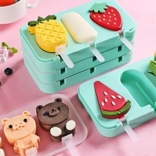 Cartoon Cute Ice Cream Mold Silicone Popsicle Mold Reusable BPA-Free Ice Mould With Dust Cover Sticks Kitchen Tools