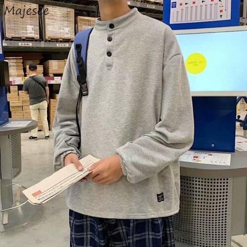 Men Sweatshirts Solid Simple Stand Collar Man Tops Male All-match Buttons Ins Ho Hat Hoodies Soft Loose Korean Style Streetwear