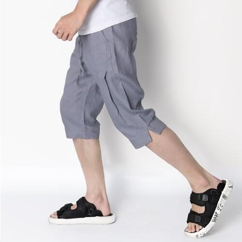 100% Linen 30-40 size summer brand men pants calf-length casual elastic waist pants for men fashion breathable trousers men