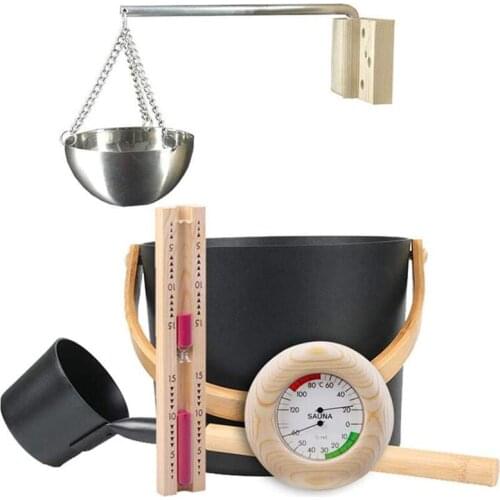 7L Sauna Bucket Set with Long Handle Spoon Hourglass Thermometer / Hygrometer Sauna Aromatherapy Oil Cup kit