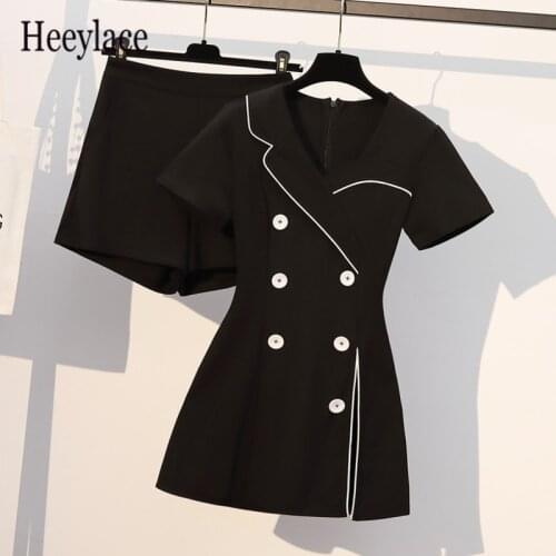 Plus size women black blazer two piece set korean short sleeve v neck midi dress and short sets office ladies solid vestidos