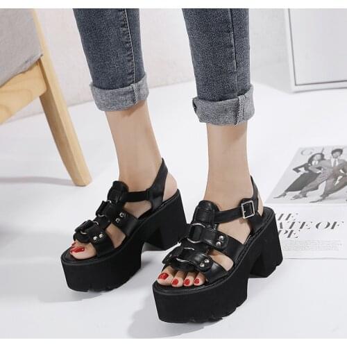Summer sandals woman Platform Sandals Women Soft Leather Casual Open Toe Buckle Strap Gladiator Summer Shoes Punk Black Gothic