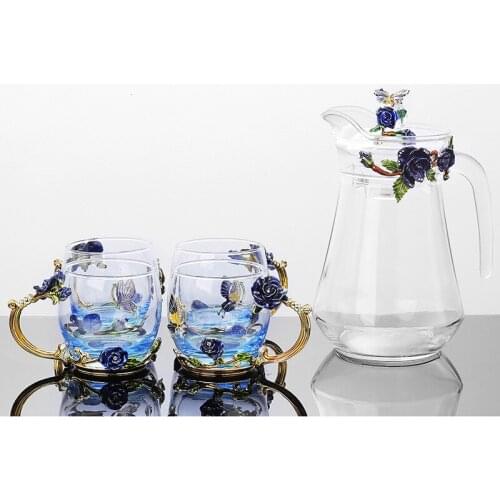 Blue Rose Enamel Crystal Tea Cup with Teapot Coffee Mug Butterfly Rose Painted Flower Water Cups Clear Glass with Spoon Set