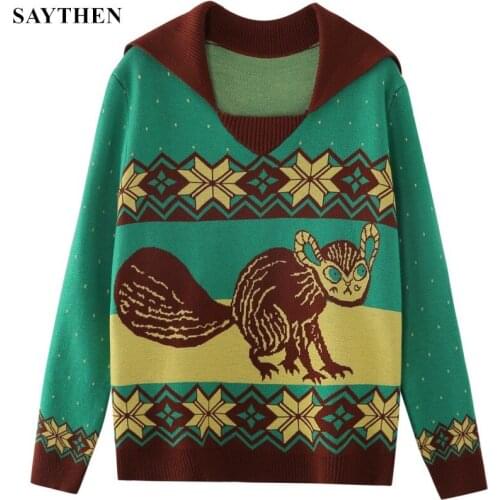 SAYTHEN Women Sweater Pullovers Knit Green Long Sleeve Jumper Jersey 2021 Autumn Winter Vintage Streetwear Fashion Cartoon Tops
