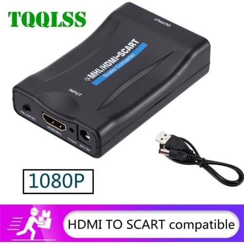 TQQLSS 1080P HDMI-compatible to SCART Video Audio Upscale Converter AV Signal Adapter HD Receiver TV DVD with US/EU Power Plug