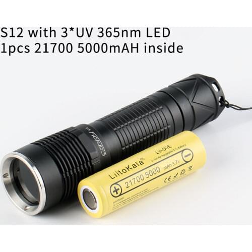 Convoy S12 with 3*UV 365nm LED,UVA 21700 Ultraviolet flashlight,torch,with 1 piece 21700 5000mAH battery inside
