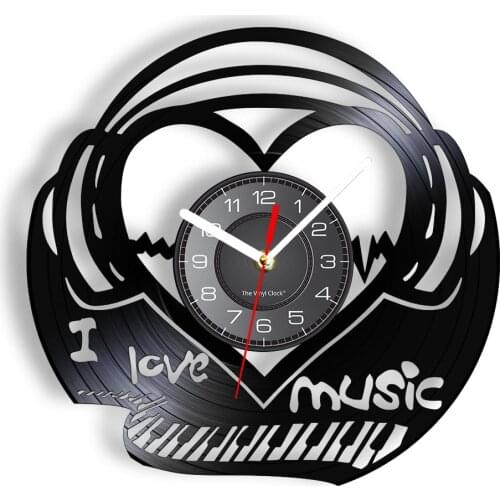 I Love Music Laser Cut VInyl Longplay Wall Clock Headphone Heart Shape Piano Sound Wave Creative Modern TImepiece To Music Lover