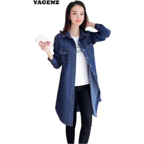 2019 Spring Autumn Womens Denim Shirt Full Sleeve Turn Down Collar Medium Long Slim Loose Blue Jacket Trench Woman Cardigan