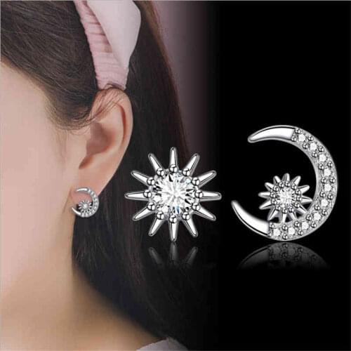 Blaike Dainty Asymmetry Moon Star Stud Earrings For Women Silver Color Earring Wedding Engagement Jewelry Gifts