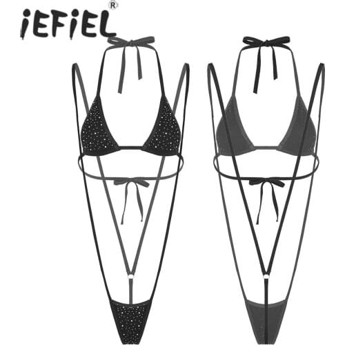 Womens Glitter Rhinestone Lingerie Bikinis Set Lace-up Swimwear Sunbathing Bikini Bra with G-string Thongs Bodysuit Catsuit