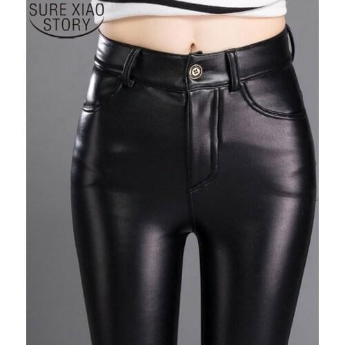 Autumn and Winter Women Pu Pants black 2021 New Korean Style High Waist Slim Warm Leggings Fashion Thicken Velvet Trousers 11501