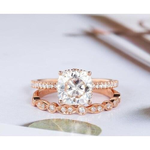 Vantage 14K Rose Gold 2ct 7.5mm Cushion Cut Moissanite Bridal Ring Set for Women Wedding