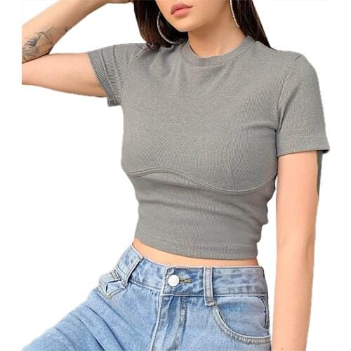 Womens Casual Basic Crop Top Fashion Elegant Solid Color Short Sleeve Cotton T-shirt Top High Street Summer Sportswear