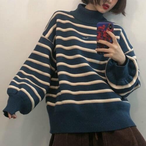 Female Sweater Turtelneck Lantern Sleeve New Striped Fashion Casual Loose Vintage Womens Student Harajuku Pullovers Sweatar