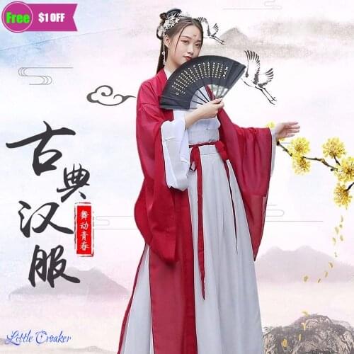2021 Women Chinese Traditional Hanfu Clothes Big Sleeve Dress Solid Chinese Ancient Clothes Chinese Folk Dance Outfit