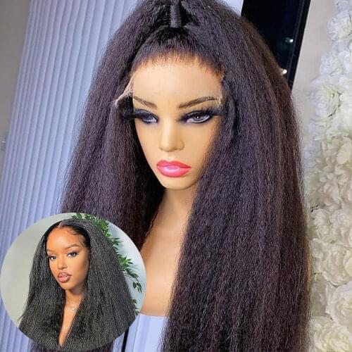 180%Density 26Inch Long Middle Part Yaki Black Kinky Straight Lace Front Hair For Women Babyhair Preplucked Heat Resistant Soft