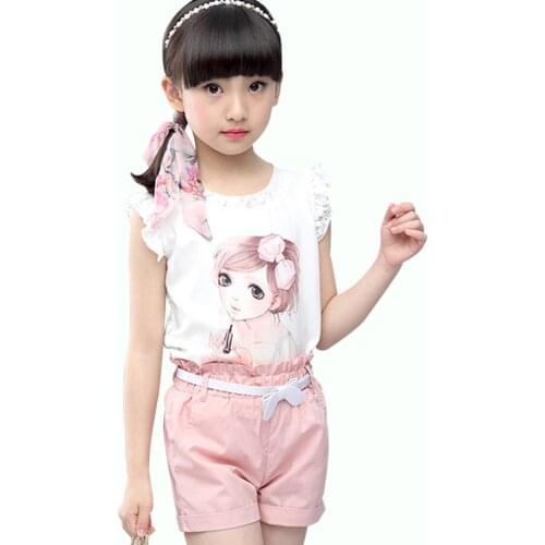 Kids Clothes Cartoon Print T-shirt & Shorts 2PCS Clothes For Girls Lace Suit For Girls Novelty Summer Girls Clothes 6 8 10 12 14