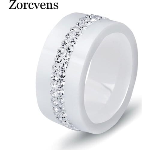 ZORCVENS 10mm Smooth Ceramic Ring With 2 Row Crystal Black White Color For Women Lady Fashion Jewelry Gifts