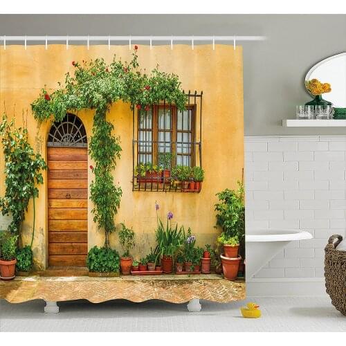 Italy Shower Curtain Porch with Different Flowers Pots Fresh Green Plants City Life in Tuscany Waterproof Bath Curtains