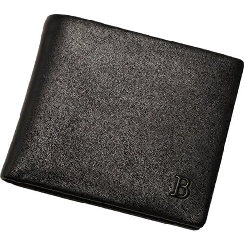 Genuine Leather Classic Black Color Mens Wallet Male B Logo Short Wallet Casual Coin Purse Money Clip Photo Card Holders New