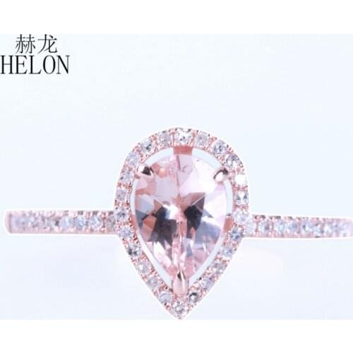 HELON Solid 18K Rose Gold Flawless Pear 7x5mm Prong Sharp claws Natural Morganite & Diamond Engagement Ring Women Fine Jewelry
