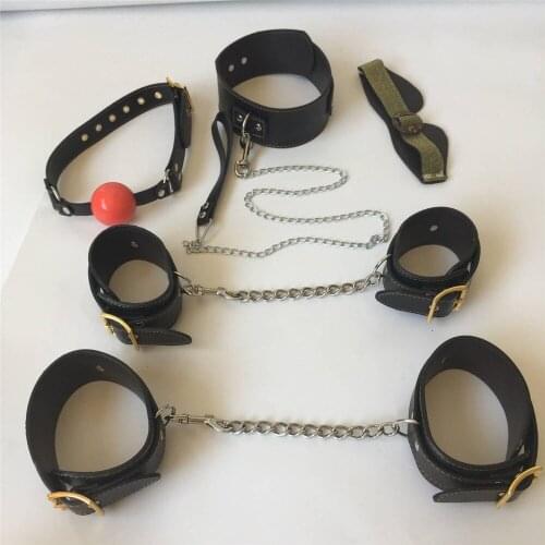 Leather Bondage Adult Games 5in1 Eyepatch Collar Mouth Gag Handcuffs Cuffs Fetters Erotic Positioning Bandage BDSM Sex Toy