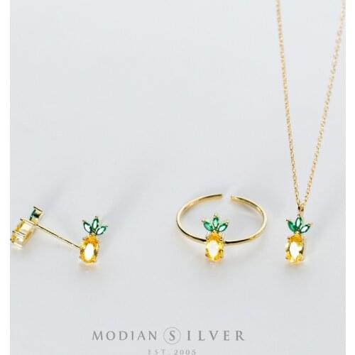 Modian Fashion Crystal Adjustable Ring Charm Cute Stud Earrings Charm Necklace For Women Real 925 Sterling Silver Jewelry Sets