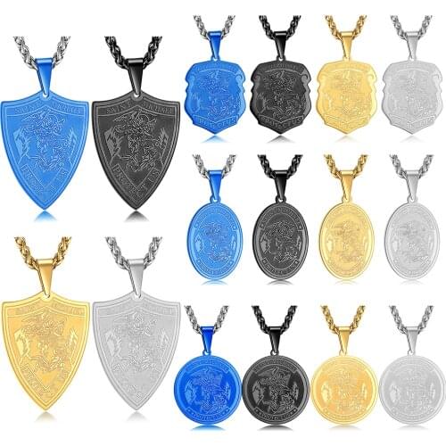 Mens Saint Michael Necklace Jewelry Personalized Stainless Steel Gold Color Black Long Chain Archangel Medal Pendant Male Gift