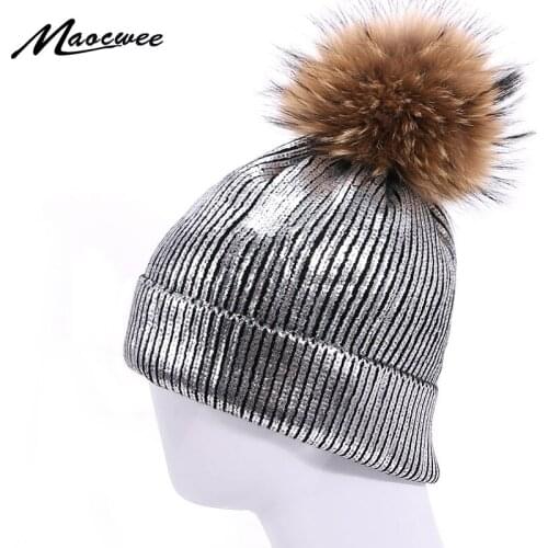 New Winter Women Hat Metallic Shiny Gilding Beanie Girls With Real Fur Pompon Female Silver Gold Knitted Warm Skullies Beanies