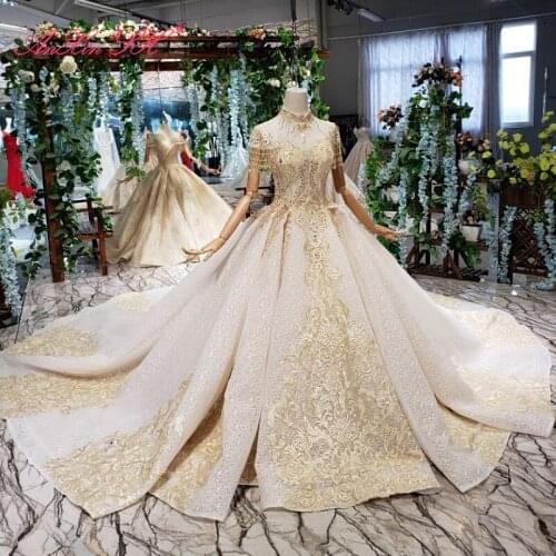 AnXin SH Luxury princess champagne flower lace beading crystal illusion high neck sparkly lace up wedding dress 100% real photo