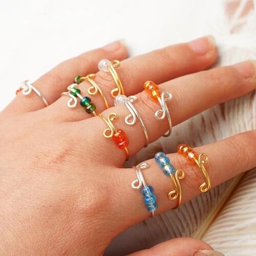 Fidget Beads Fidget Ring Spinner Single Coil Fidget Ring Beads Rotate Freely Anti Stress Anxiety Ring Toy For Girl Women