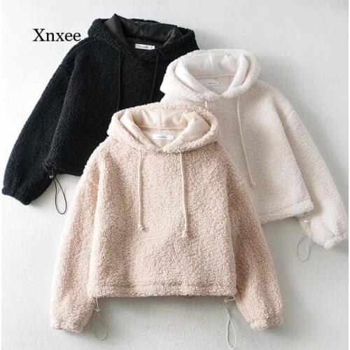 Soft Lamb Wool Crop Hooded Womens Casual Furry Pullovers Ladies Pockets Trendy Street Style Overcoat Autumn Winter Outwear Tops