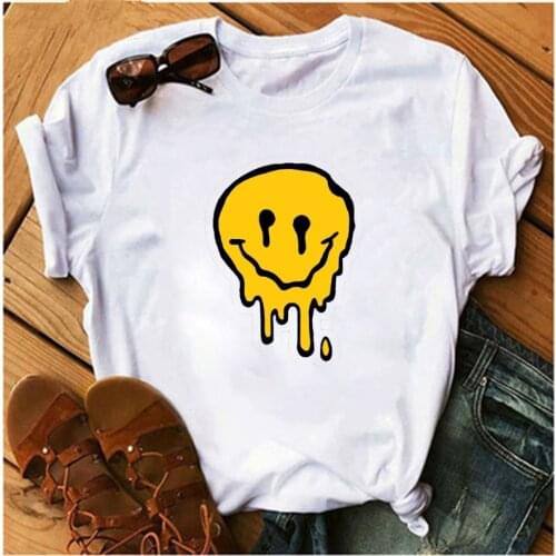 LINNA Japanese Ladies Summer T-shirt O-neck Chic Smiley Pattern Punk Casual Top Simple T-shirt Style Loose Print T-shirt