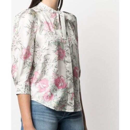 Women Rose Printed Shirt Bow Tie Loose Vintage Spring Summer Female Blouse 2021 New