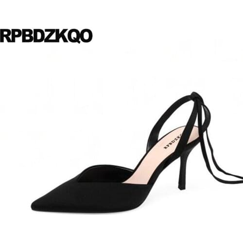 Famous Brand Size 11 Ladies Strap Up Sandals Tie Pumps Closed Toe Summer 10 Stiletto Satin High Heels Black Lace Shoes Women