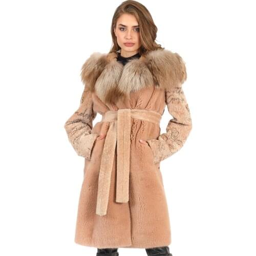 MODAQUEEN Store Women Mink Lamb And Amber Argente Fur Accessory Text Pattern Details Custom Design Fabric Coat 2006-C