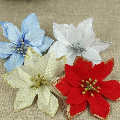 10PCS Christmas Flower Cloth Glitter Poinsettias Flower Christmas Tree Flower Xmas Party Decor Wreath Tree Decorations