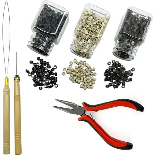 1500 PCS Silicone Lined Micro Link Ring Beads with a Plier a Loop and a Crochet Hook Needles for Hair Extensions Kits