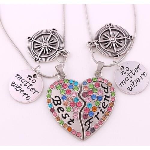2PCS Huilin Jewelry No Matter Where Compass Crystal Pendant Necklace Set For Best Friends Double Necklaces